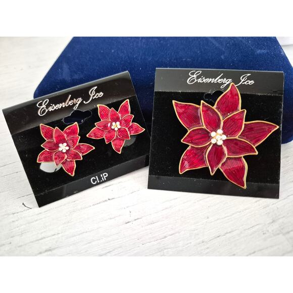 Eisenberg Ice Poinsettia Red Enamel Holiday Brooch & Earring Set - Picture 1 of 6